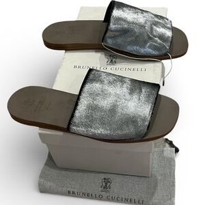 Brunello Cucinelli Flat Metallic Calf Hair Sandals Slip Slide Shoes NEW Women 37